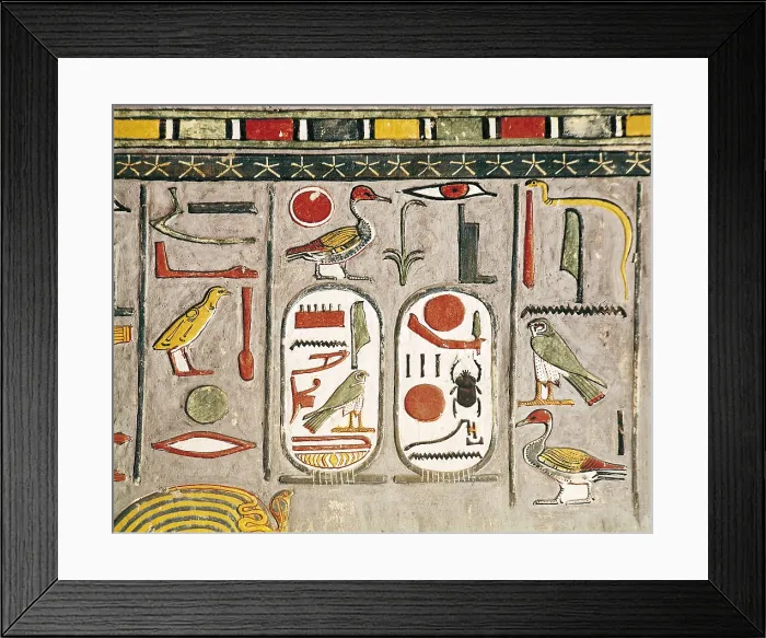 Framed Print : EGYPT. Dayr al-Bahri. Valley of the Kings. Tomb of Horemheb. Hieroglyphs with Pharaoh Horemheb's name. Egyptian art. New Kingdom. Fresco