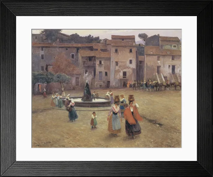 Framed Print : BARBASAN LAGUERUELA, Mariano (1864-1924). Italian Hamlet. beg. 20th c. Scene of Anticoli Corrado, village where the artist lived. Oil on canvas. SPAIN. Pontevedra