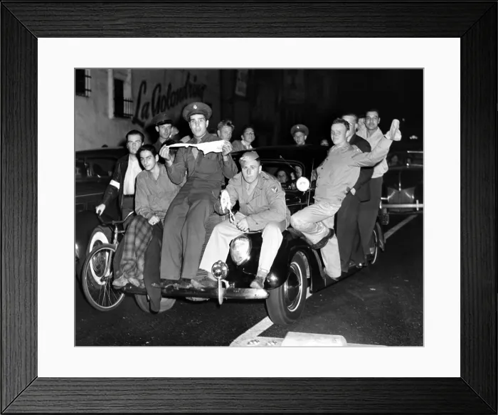 Framed Print : Zoot Suit Riots in Los Angeles. Service men cruising through the streets in search of Zoot Suiters to assault Framed Print : Zoot Suit Riots in Los Angeles. Service men cruising through the streets in search of Zoot Suiters to assault