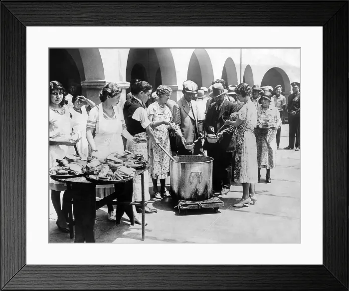 Framed Print : Breadline in Los Angeles serving soup and bread. The Spanish Colonial church, Neustra Senora La Reina de Los Angeles, feeds 700 unemployed on the patio of the old church Framed Print : Breadline in Los Angeles serving soup and bread. The Spanish Colonial church, Neustra Senora La Reina de Los Angeles, feeds 700 unemployed on the patio of the old church