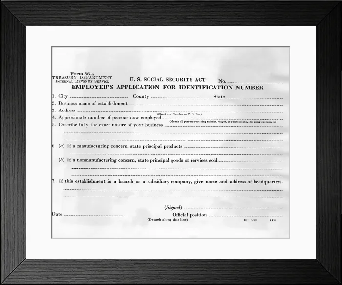 Framed Print : Initiation of Social Security in 1936. Employers application for Social Security