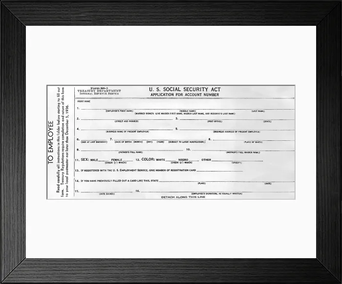 Framed Print : Initiation of Social Security in 1936. Employees application for Social Security. This form must be filled out by all employees classified under the Soc. Sec