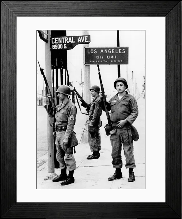 Framed Print : National Guardsmen at a Los Angeles City Limits. As the 1965 Watts Riots subsided, National Guardsmen still stand by until recalled by Gov. Edmund Brown. August 17, 1965 Framed Print : National Guardsmen at a Los Angeles City Limits. As the 1965 Watts Riots subsided, National Guardsmen still stand by until recalled by Gov. Edmund Brown. August 17, 1965