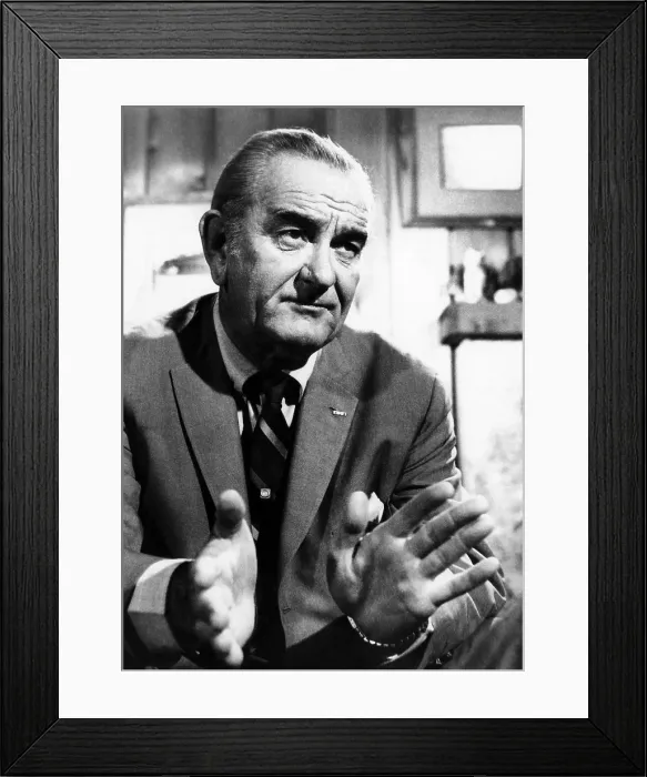 Framed Print : Former President Lyndon Johnson during an interview Walter Cronkite. He talked about his decision not to run for a second term to promote a peace settlement with North Vietnam