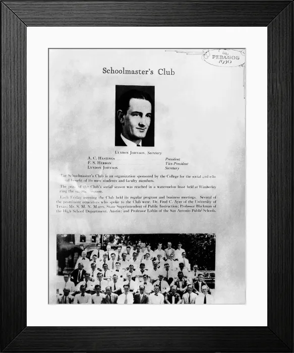 Framed Print : Page from the 1930 yearbook of the Southwest Texas State Teachers College. Lyndon Johnson is featured as the Secretary of the President's Club