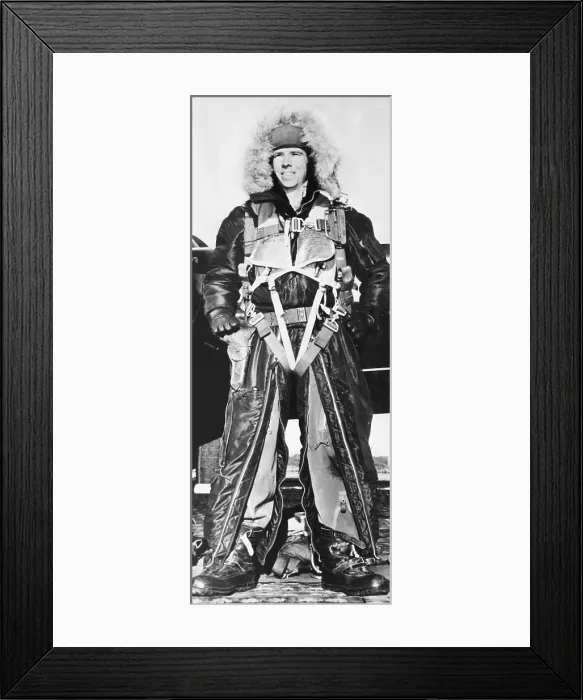 Framed Print : B-29 Superfortress pilot wearing a fur parka and high altitude flying gear. With the 98th Bomb Wing of the Far East Air Force Bomber Command in Japan, U.S