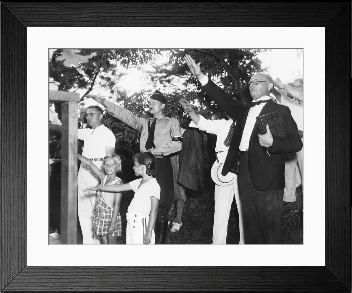 Framed Print : Germans in America give the Nazi salute commemorating Paul von Hindenburg. August 1, 1937, at Camp Siegfried, near Yaphank, New York