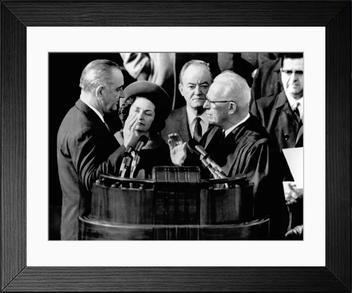 Framed Print : President Lyndon Johnson takes the oath of office at his 1964 Inauguration. L-R: President and Lady Bird Johnson; Vice President Hubert Humphrey; and Chief Justice Earl Warren