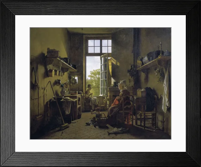 Framed Print : DRLLING, Martin (1752-1817). Interior of a kitchen. 1815. The image represents two women sewing and a boy playing in the interior of a kitchen. Romanticism. Oil on canvas. FRANCE Framed Print : DRLLING, Martin (1752-1817). Interior of a kitchen. 1815. The image represents two women sewing and a boy playing in the interior of a kitchen. Romanticism. Oil on canvas. FRANCE