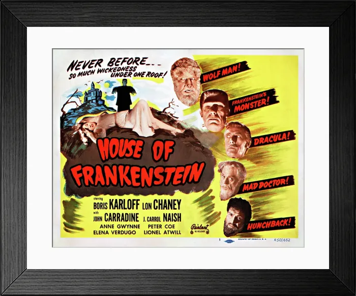 Framed Print : HOUSE OF FRANKENSTEIN, 1950 re-issue title card; on left: Elena Verdugo (girl in nightgown), Glenn Strange (as Frankenstein's Monster); on right Framed Print : HOUSE OF FRANKENSTEIN, 1950 re-issue title card; on left: Elena Verdugo (girl in nightgown), Glenn Strange (as Frankenstein's Monster); on right