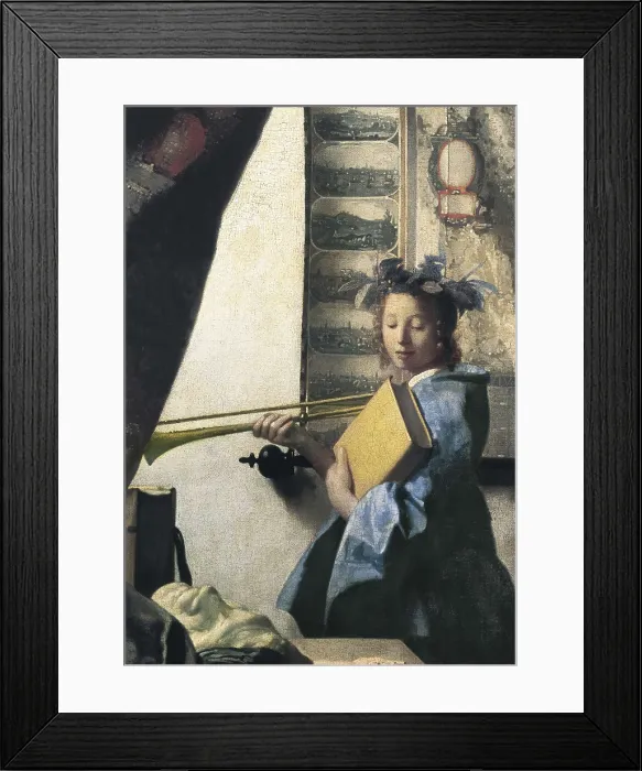 Framed Print : VERMEER, Johannes (1632-1675). The Artists Studio or The Art of Painting. 1665-1666. Detail of the model that poses like Clio, muse of history. Baroque art. Oil on canvas Framed Print : VERMEER, Johannes (1632-1675). The Artists Studio or The Art of Painting. 1665-1666. Detail of the model that poses like Clio, muse of history. Baroque art. Oil on canvas