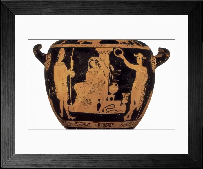 Framed Print : Vase with an scene of Aeschylus Oresteia. 5th c. BC. Orestes and Electra over the tomb of their father. On the left, Pylades. Classical Greek art. Ceramics. GERMANY. Munich