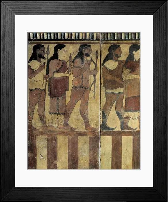 Framed Print : Flagstone depicting a retinue. 550 -525 BC. Painting on polychrome terra-cotta. Etruscan art. Terra-cotta; Painting. FRANCE. Paris. Louvre Museum. Proc: ITALY. Cerveteri
