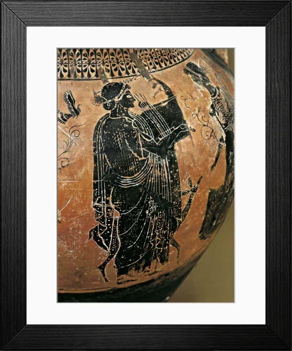 Framed Print : Attic black-figure amphora. 6th c. BC. Representation of a musician playing the zither. Archaic Greek art. Ceramics. FRANCE. Paris. Louvre Museum. Proc: GREECE. Athens
