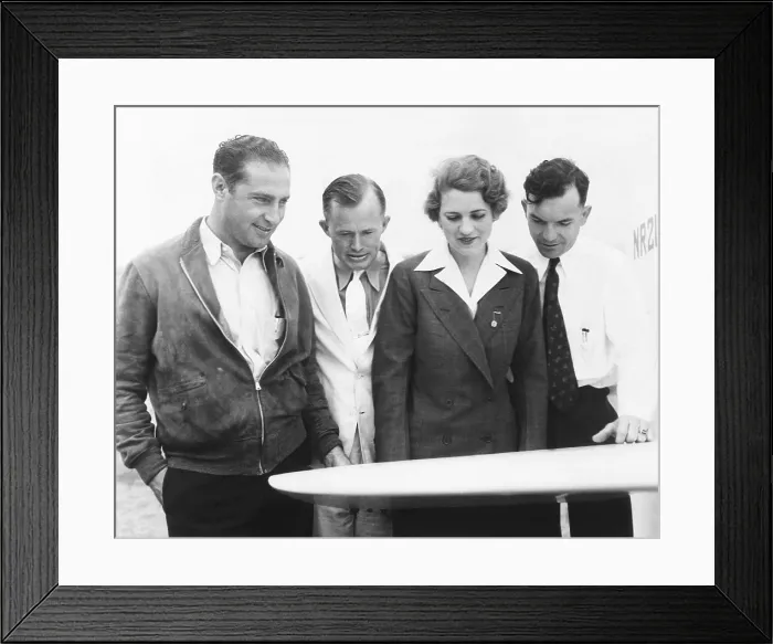 Framed Print : Pilots flying the 1935 Bendix Air Race from Burbank, California, to Cleveland, Ohio. L-R: Cecil Allen, Roy Hunt, Jacqueline Cochran, Royal Leonard. Ca. August 28, 1935 Framed Print : Pilots flying the 1935 Bendix Air Race from Burbank, California, to Cleveland, Ohio. L-R: Cecil Allen, Roy Hunt, Jacqueline Cochran, Royal Leonard. Ca. August 28, 1935