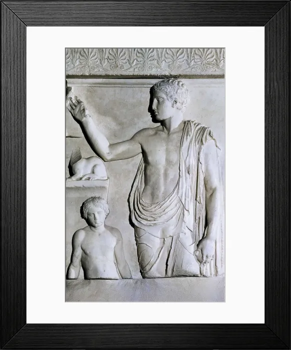 Framed Print : Funeral Stele of a Young Boy. 410 BC. Classical Greek art. Relief on marble. GREECE. Athens. National Museum of Archaeology. Proc: CYPRUS. Salamina
