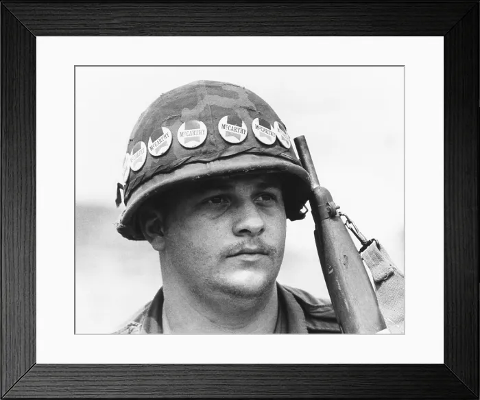 Framed Print : American soldier at Quan Loi, Vietnam, was a supporter of Eugene McCarthy for President. April 20, 1968