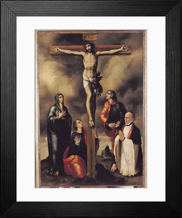 Framed Print : MORALES, Lus de (1515-1586). Calvary with a donor. ca. 1560 - 1570. Mannerism art. Oil on canvas. SPAIN. Valencia. San Pio V Fine Arts Museum Framed Print : MORALES, Lus de (1515-1586). Calvary with a donor. ca. 1560 - 1570. Mannerism art. Oil on canvas. SPAIN. Valencia. San Pio V Fine Arts Museum