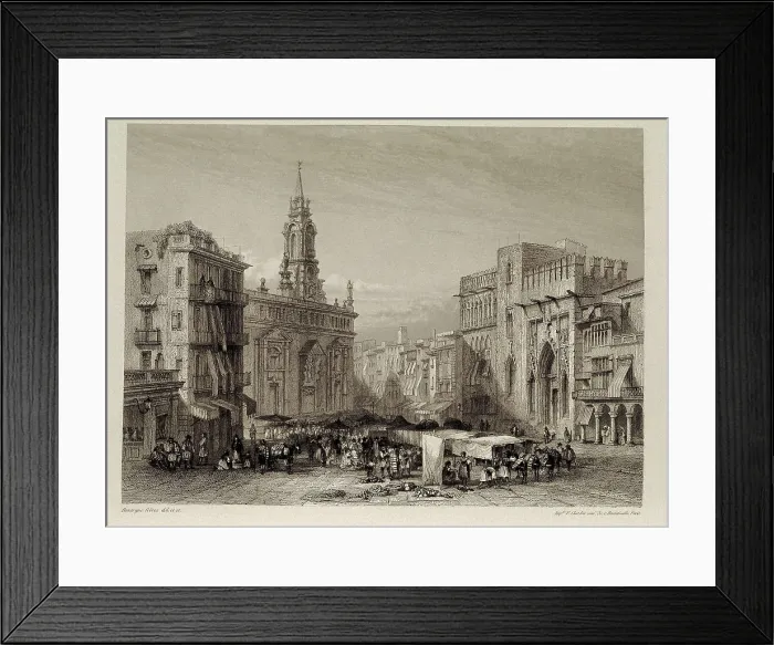 Framed Print : Valencia. Market Square. Picture by Rouargue for the work 'Voyage pittoresque en Espagne et Portugal' by Emile Bgin (c.1852). Engraving. SPAIN. Madrid. National Library