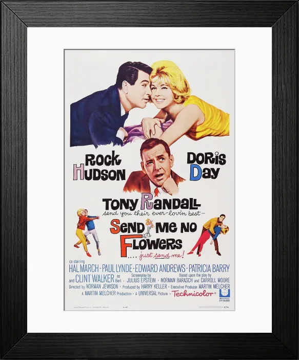 Framed Print : SEND ME NO FLOWERS, top l-r: Rock Hudson, Doris Day, bottom: Tony Randall on poster art, 1964 Framed Print : SEND ME NO FLOWERS, top l-r: Rock Hudson, Doris Day, bottom: Tony Randall on poster art, 1964