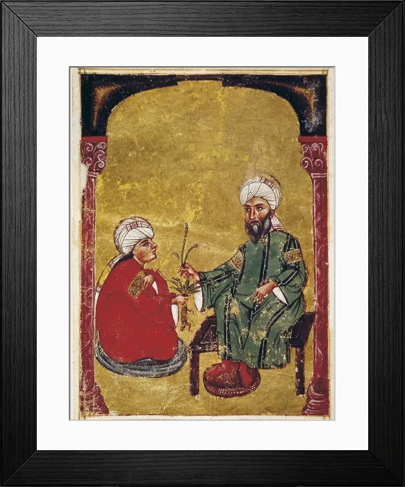 Framed Print : De Materia Medica. 1st half 18th c. Sultan Ahmet III gives some medicinal plants to one of his disciples. Islamic art. Gouache; Miniature Painting. TURKEY. Istanbul