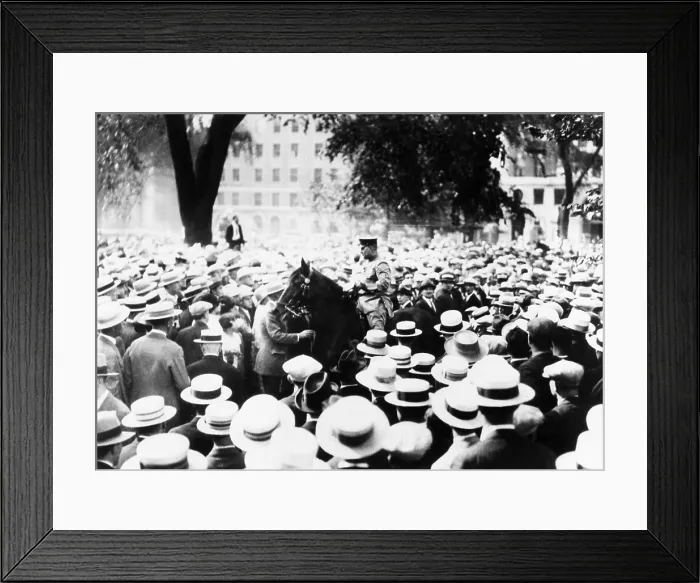 Framed Print : Policeman drives his horse through the crowds on Boston Common during a Sacco-Vanzetti protest. Speakers and Spectators were arrested. 1927. - (CSU_2015_5_105)