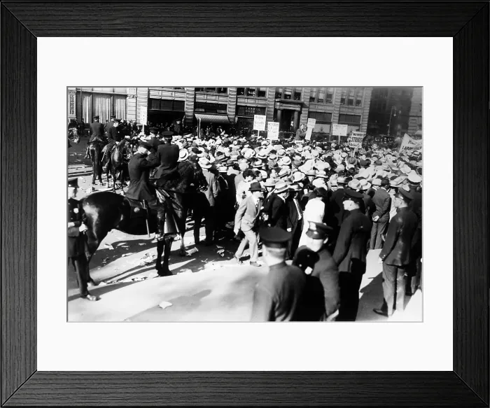 Framed Print : Mounted police forcing their horses to disperse the great horde of socialists at Union Square Framed Print : Mounted police forcing their horses to disperse the great horde of socialists at Union Square