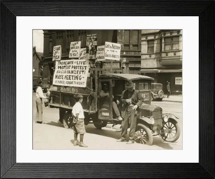 Framed Print : Truck with several protest signs five days prior to the executions of Sacco and Vanzetti