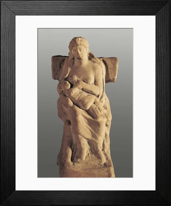 Framed Print : Seated Woman wirh Child. Clay figure. Greek art. Sculpture. ITALY. Taranto. Taranto Archaelogical National Museum. AISA / Everett Collection**US SALES ONLY**