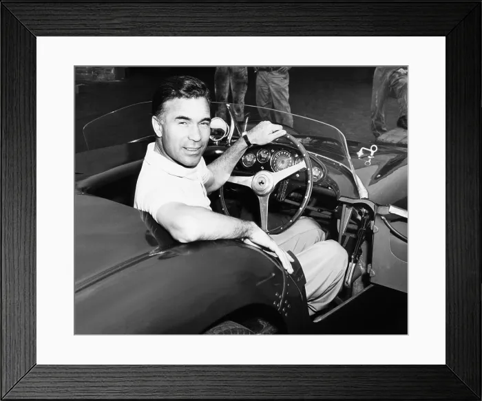 Framed Print : Porfirio Rubirosa at the wheel of his Italian race car, a $17, 000 Ferrari Mondial. Cleveland Press photo by Lester Nehamkin. Ca. Aug. 1955. - (CSU_2015_5_115)