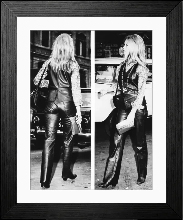 Framed Print : Brigitte Bardot wearing a striking leather suit as she strolls near the Spanish Steps in Rome