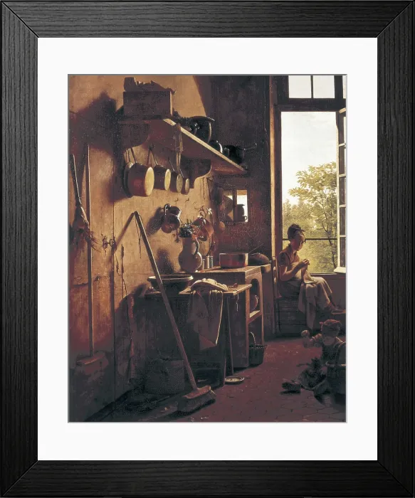 Framed Print : DRLLING, Martin (1752-1817). Interior of a kitchen. 1815. Left detail. The image represents a woman sewing and a boy playing in the interior of a kitchen. Academicism