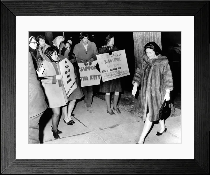 Framed Print : Lady Bird Johnson walks past a group of youthful anti-war demonstrators Framed Print : Lady Bird Johnson walks past a group of youthful anti-war demonstrators