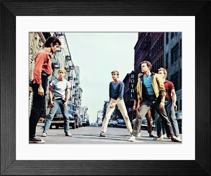 Framed Print : WEST SIDE STORY, front from left: George Chakiris, Russ Tamblyn, rear from left: Eliot Feld, Tucker Smith, David Winters (red shirt), 1961