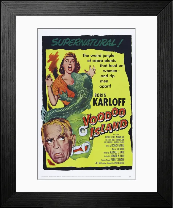 Framed Print : VOODOO ISLAND, US poster art, Boris Karloff, Beverly Tyler, 1957 Framed Print : VOODOO ISLAND, US poster art, Boris Karloff, Beverly Tyler, 1957