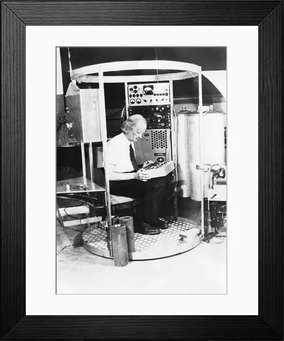 Framed Print : Auguste Piccard in the cage of his Bathyscaphe, with instruments he will use on the ocean bed. August 22, 1947 Framed Print : Auguste Piccard in the cage of his Bathyscaphe, with instruments he will use on the ocean bed. August 22, 1947
