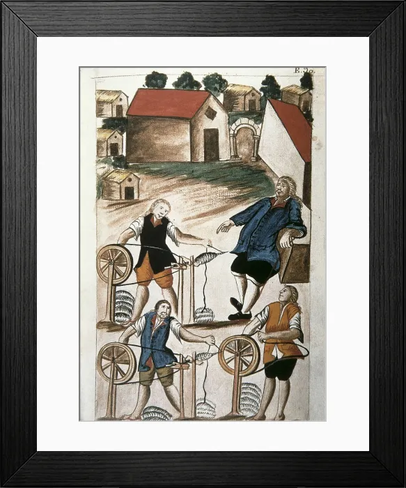 Framed Print : Trujillo del Per (end 18th c.): drawings and watercolours made by order of the bishop D. Baltasar Jaime Martnez Compan. Indians spinning. Engraving. SPAIN. Madrid