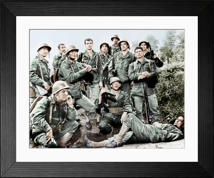 Framed Print : THE DIRTY DOZEN, crouching and seated from front left: Telly Savalas, Donald Sutherland, John Cassavetes; standing from left: Clint Walker, Al Mancini, Jim Brown, Stuart Cooper