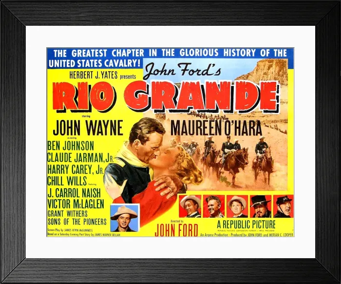 Framed Print : RIO GRANDE, from left: John Wayne, Maureen O'Hara, bottom from far left: Claude Jarman Jr. Ben Johnson, Harry Carey Jr. Chill wills, J. Carrol Naish, Victor McLaglen, 1950