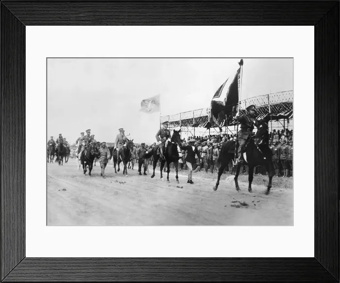 Framed Print : Chiang Kai-shek of the Chinese Nationalists following flag bearer in military procession, 1931