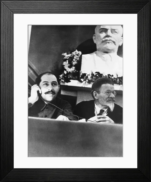 Framed Print : Soviet leaders Lazar Kaganovich and Mikhail Kalinin at the Third City Conference of Communist Party. Moscow, Feb. 1934