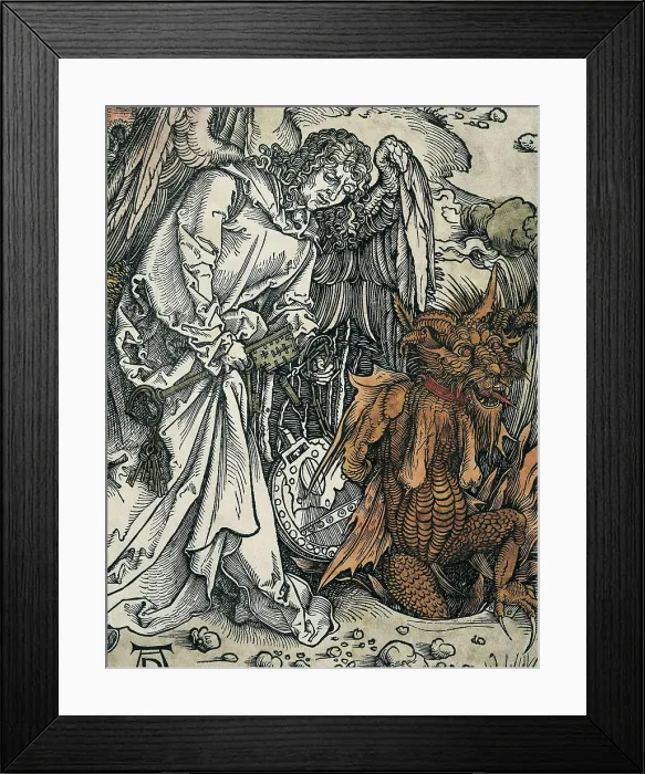 Framed Print : DURER, Albrecht (1471-1528). Apocalypse of St. John. 1496-1498. The Angel shuts again the Evil in Hell. Detail. Flemish art. Xylography. ITALY. Venice. Correr Museum Library Framed Print : DURER, Albrecht (1471-1528). Apocalypse of St. John. 1496-1498. The Angel shuts again the Evil in Hell. Detail. Flemish art. Xylography. ITALY. Venice. Correr Museum Library