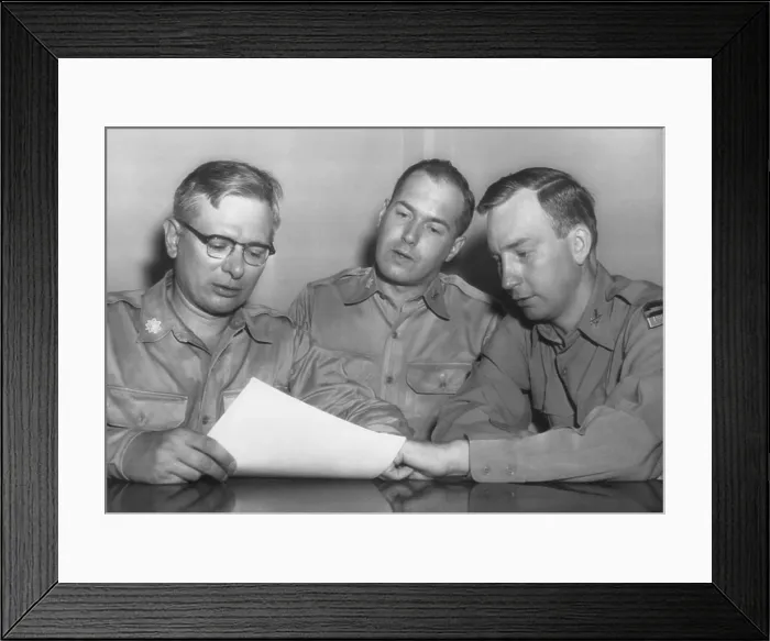 Framed Print : Major Roland E. Alley (center), a 14 year Army veteran, charged misconduct as a Korean War POW. August 22, 1955. His lawyer, Col. William T Framed Print : Major Roland E. Alley (center), a 14 year Army veteran, charged misconduct as a Korean War POW. August 22, 1955. His lawyer, Col. William T