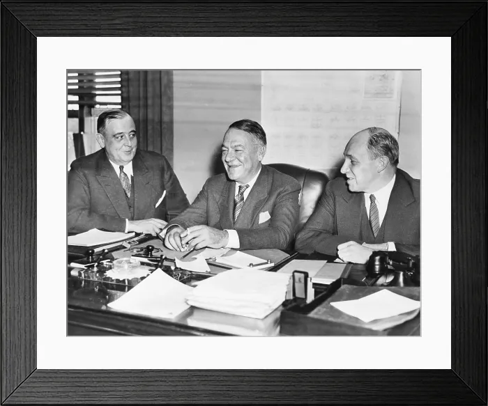 Framed Print : President Franklin Roosevelt fired Hugh Johnson for erratic behavior related to alcohol abuse in Sept. 1934. On Oct. 2, 1934, Johnson greeted his successors, L-R: S Framed Print : President Franklin Roosevelt fired Hugh Johnson for erratic behavior related to alcohol abuse in Sept. 1934. On Oct. 2, 1934, Johnson greeted his successors, L-R: S