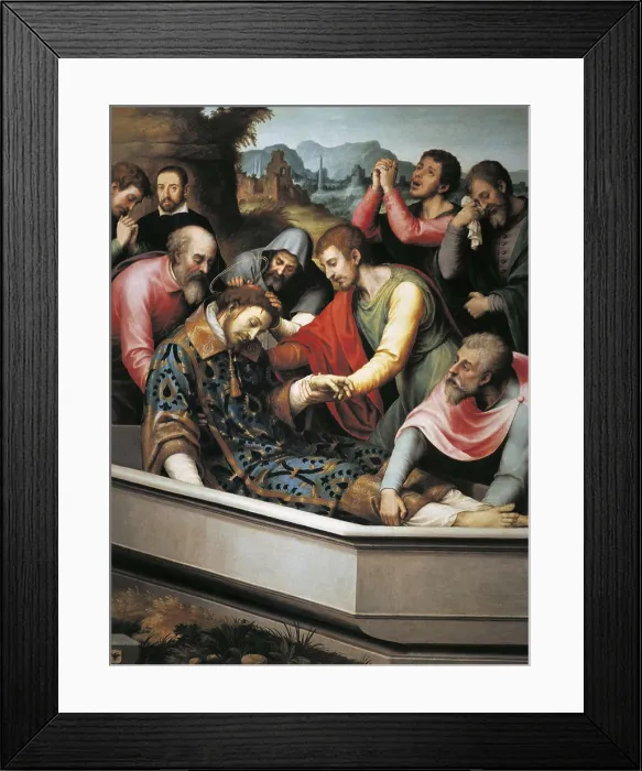Framed Print : JUANES, Juan de (1523-1579). The Burial of St. ca. 1560 - ca. 1565. Four males place him in the coffin, while three others attend the scene crying