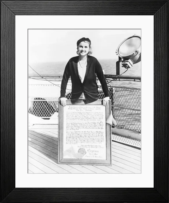 Framed Print : Barbara Hutton, Woolworth heiress, on the deck of an ocean liner. She smiles as she displays her diploma from King Neptune. Jan. 23, 1932. (CSU_2015_7_402) Framed Print : Barbara Hutton, Woolworth heiress, on the deck of an ocean liner. She smiles as she displays her diploma from King Neptune. Jan. 23, 1932. (CSU_2015_7_402)