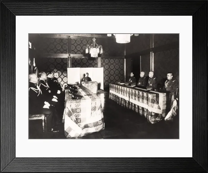 Framed Print : Japanese Emperor Hirohito conferred with military chiefs on the undeclared war in China. Jan. 1938. Right of Hirohito are Fleet Adm. Prince Fushimi; Chief of the Naval Gen Framed Print : Japanese Emperor Hirohito conferred with military chiefs on the undeclared war in China. Jan. 1938. Right of Hirohito are Fleet Adm. Prince Fushimi; Chief of the Naval Gen