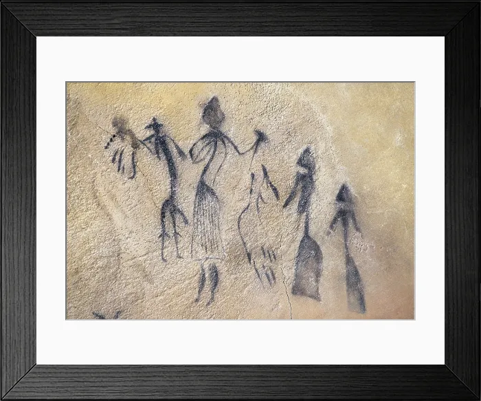 Framed Print : Phalic dance of type stylized-naturalistic. Mesolithic art. Cave. SPAIN. Barcelona. Archaeology Museum of Catalonia. Proc: SPAIN. El Cogul. Cova dels Moros