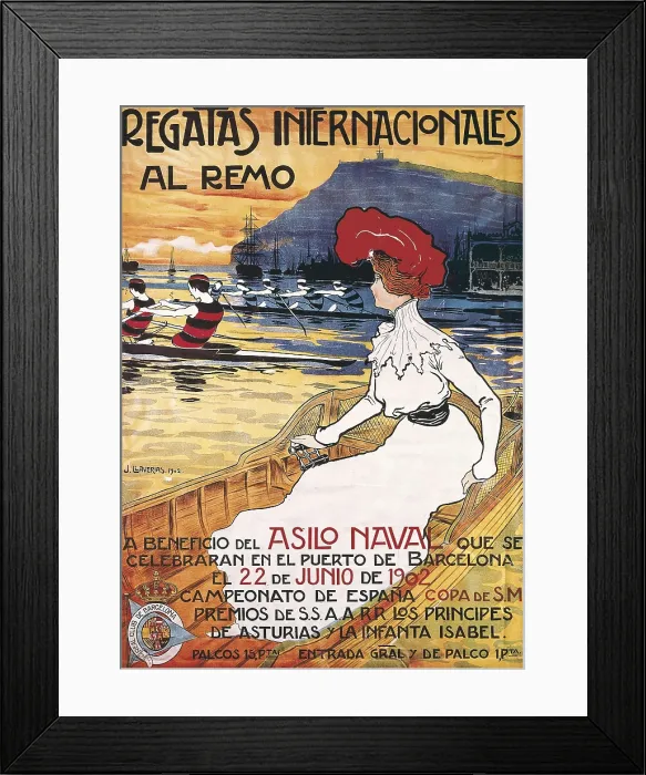 Framed Print : LLAVERIAS i LABRO, Joan (1865-1938). International Oar Regattas. 1902. Poster advertising the sport event held in the port of Barcelona the 22nd June 1902. Modernism. Painting