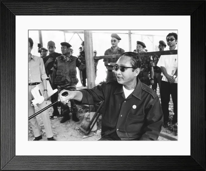 Framed Print : Cambodian Prime Minister Lon Nol at a press conference in Phnom Penh, on March 6, 1972. Lon Nol, dissolved the National Assembly and assumed dictatorial power